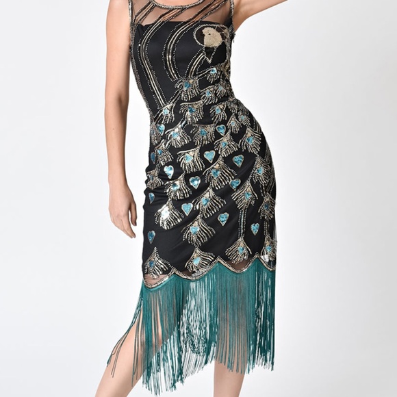 1920s Inspired Beaded Sequin Peacock Flapper Dress Size Medium - Picture 4 of 4